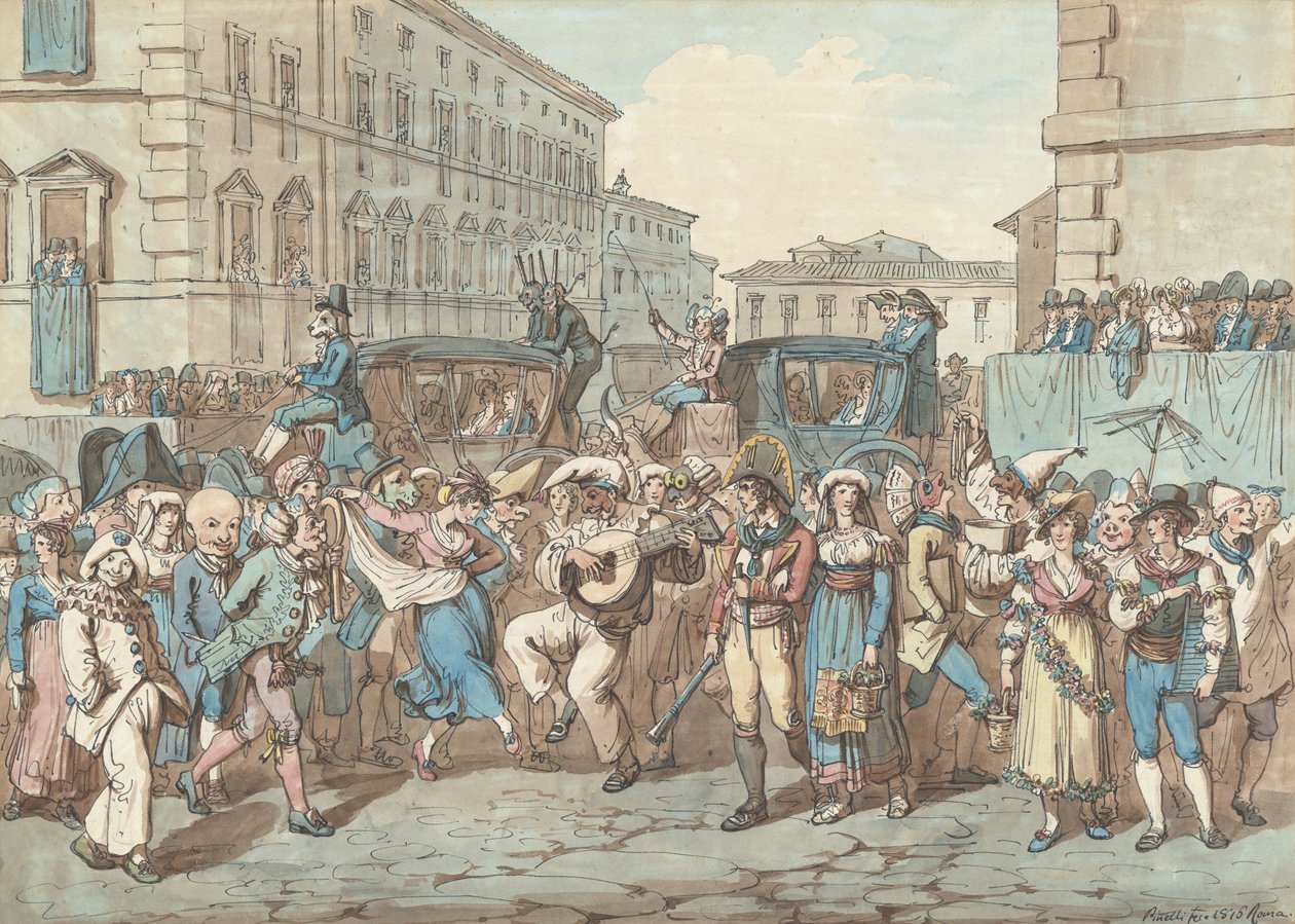 Carnaval in Rome, illustratie voor Romeinse kostuums en gebruiken door Bartolomeo Pinelli