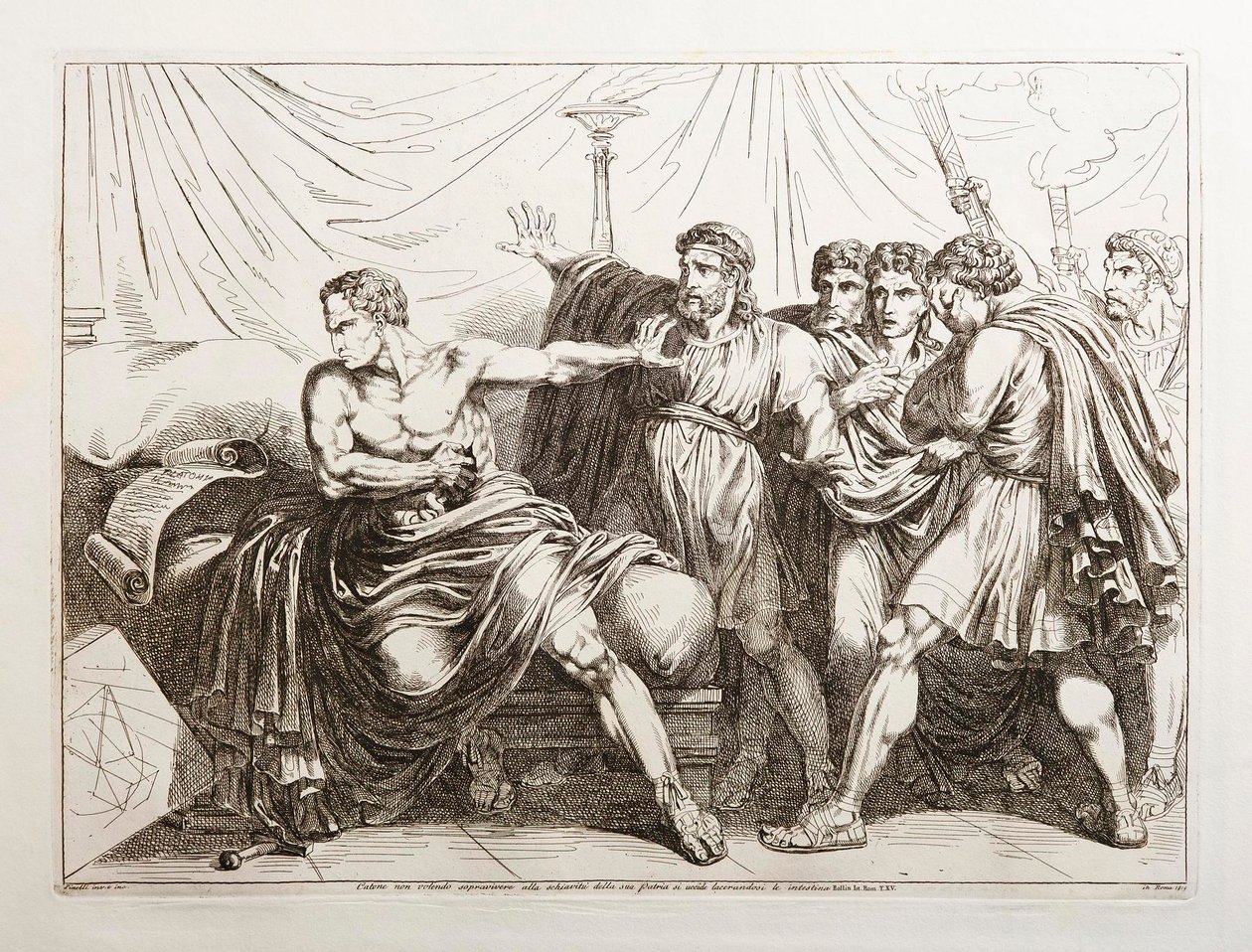 Cato, die niet wilde overleven in de slavernij in zijn vaderland, pleegde zelfmoord door zijn ingewanden eruit te rukken door Bartolomeo Pinelli