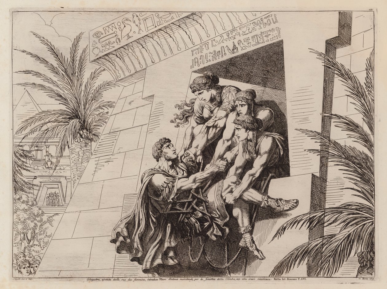 Cleopatra en haar metgezellen tillen de stervende Marcus Antonius in hun graf (ets) door Bartolomeo Pinelli