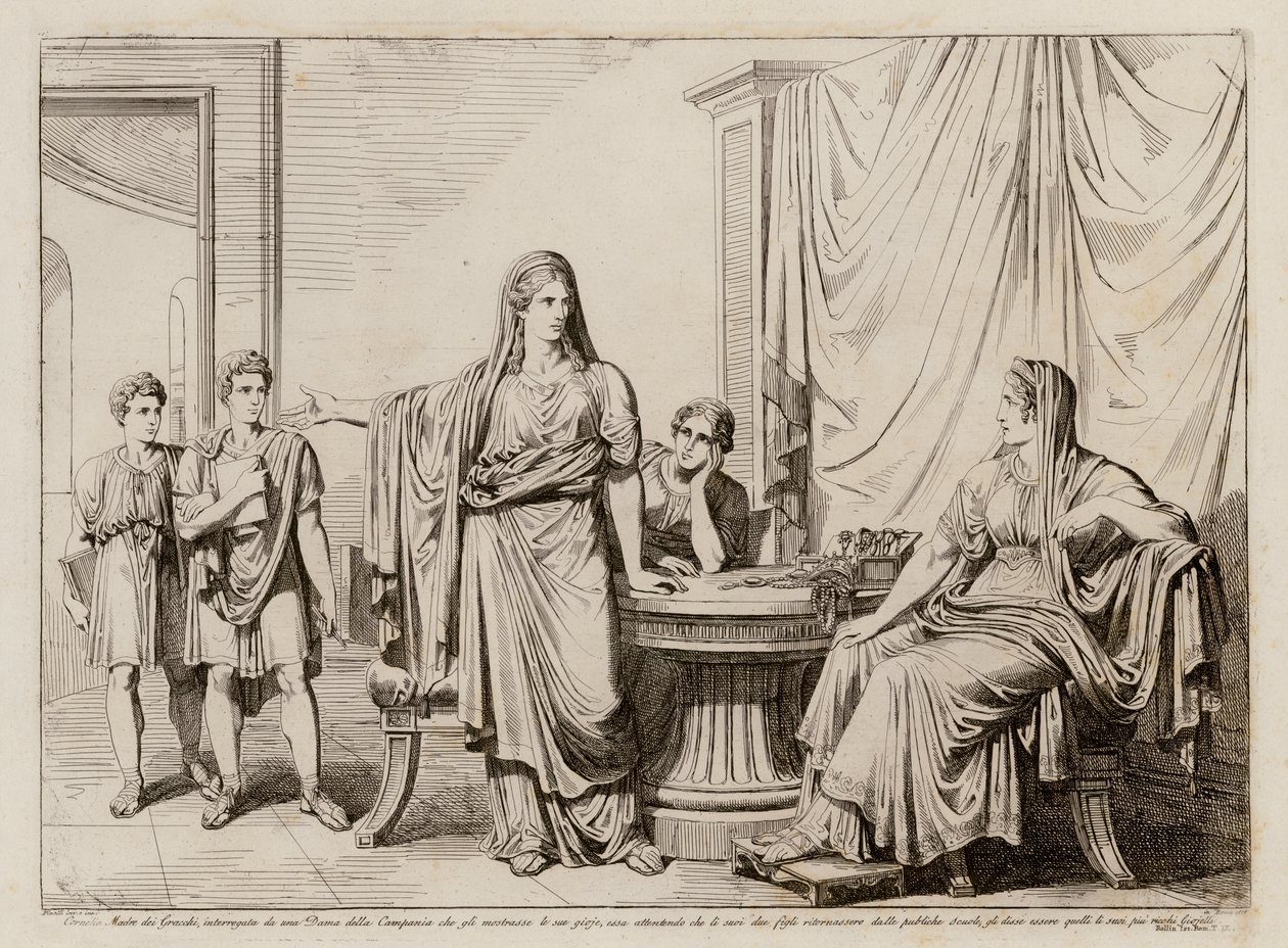 Cornelia, moeder van de Gracchi, toont haar zonen als haar juwelen (ets) door Bartolomeo Pinelli