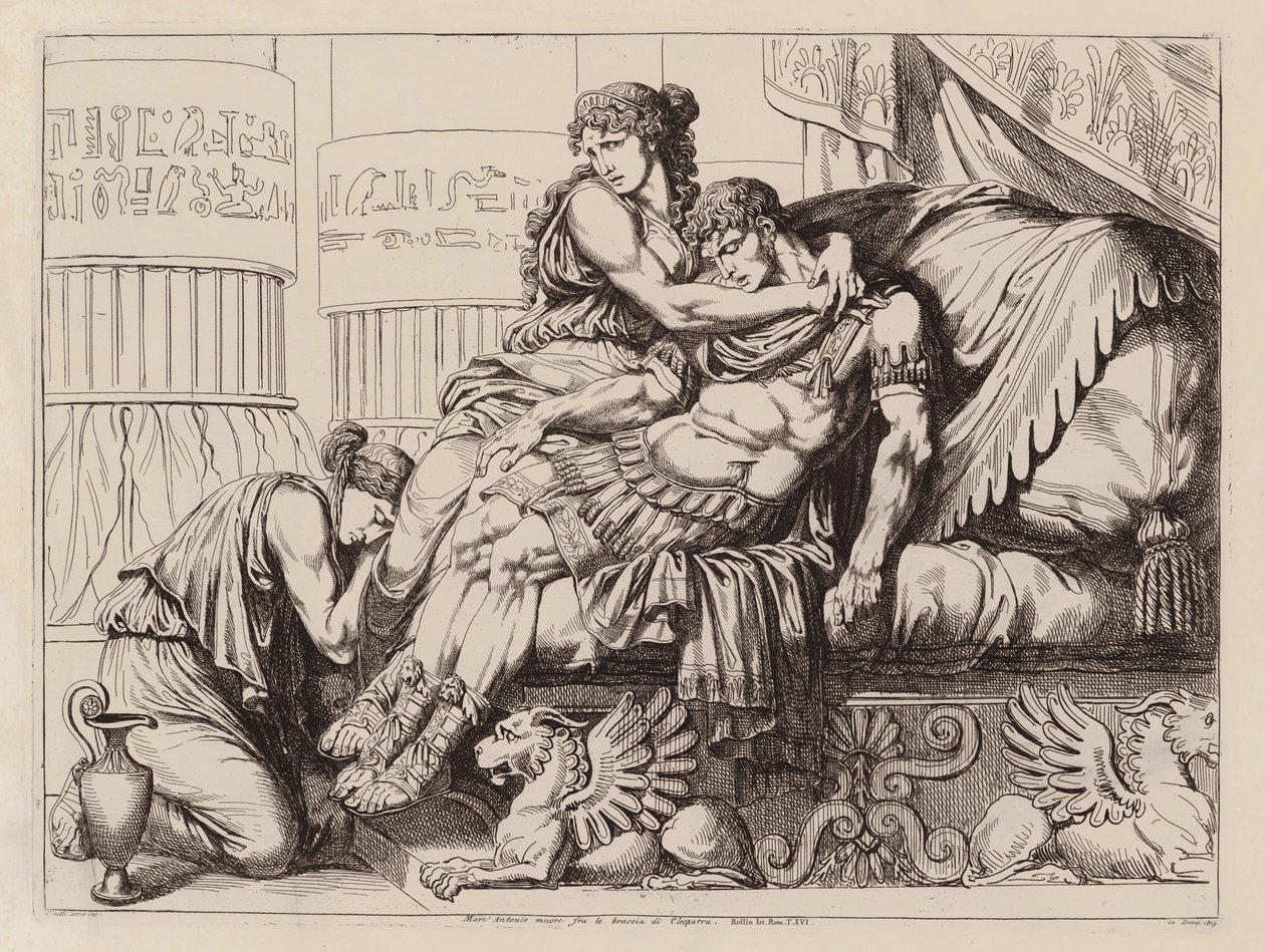 De dood van Marcus Antonius in de armen van Cleopatra, 30 v.Chr. (ets) door Bartolomeo Pinelli