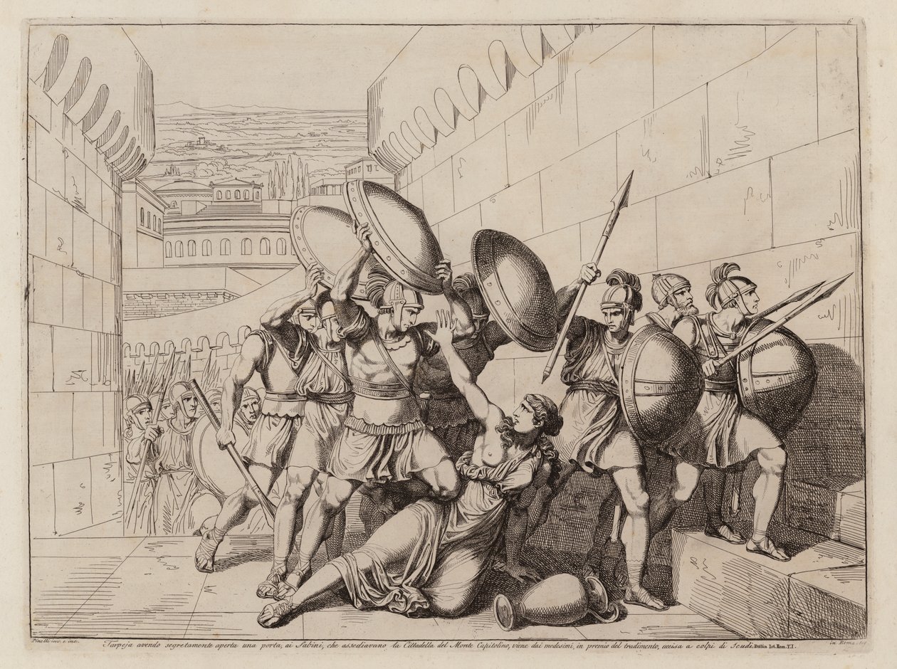 Dood van Tarpeia (ets) door Bartolomeo Pinelli