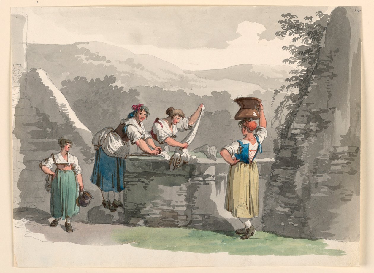 Tekening, Wasserij in de bergen bij Rome, 1807-08 door Bartolomeo Pinelli