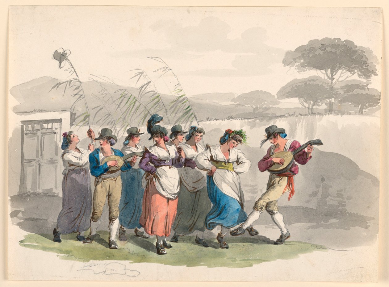 Tekening, "Saltarello Romano," Dansende boeren in de buurt van Rome, 1807-08 door Bartolomeo Pinelli