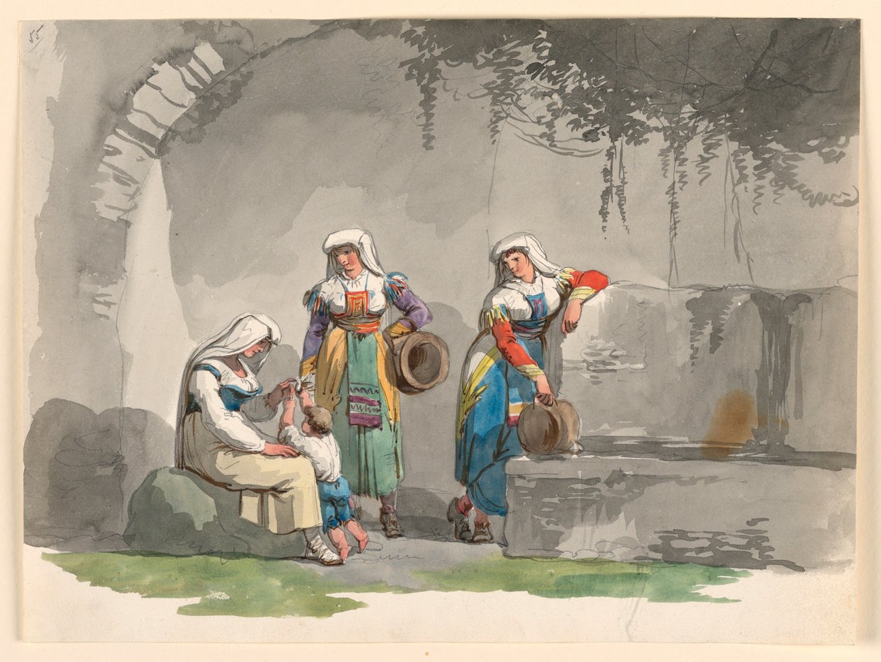 Tekening, Drie Zuid-Italiaanse vrouwen, 1807-08 door Bartolomeo Pinelli