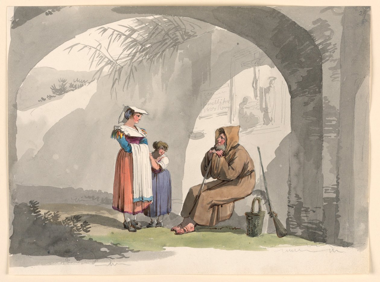 Tekening, Twee meisjes uit Frascati bezoeken een kluizenaar, 1807 door Bartolomeo Pinelli