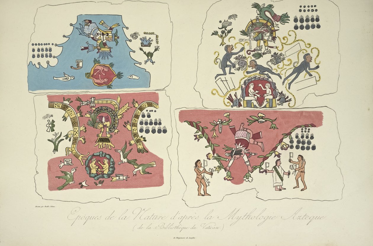 Tijdperken van de natuur, volgens de Azteekse mythologie, uit de Vaticaanse Bibliotheek, illustratie uit 