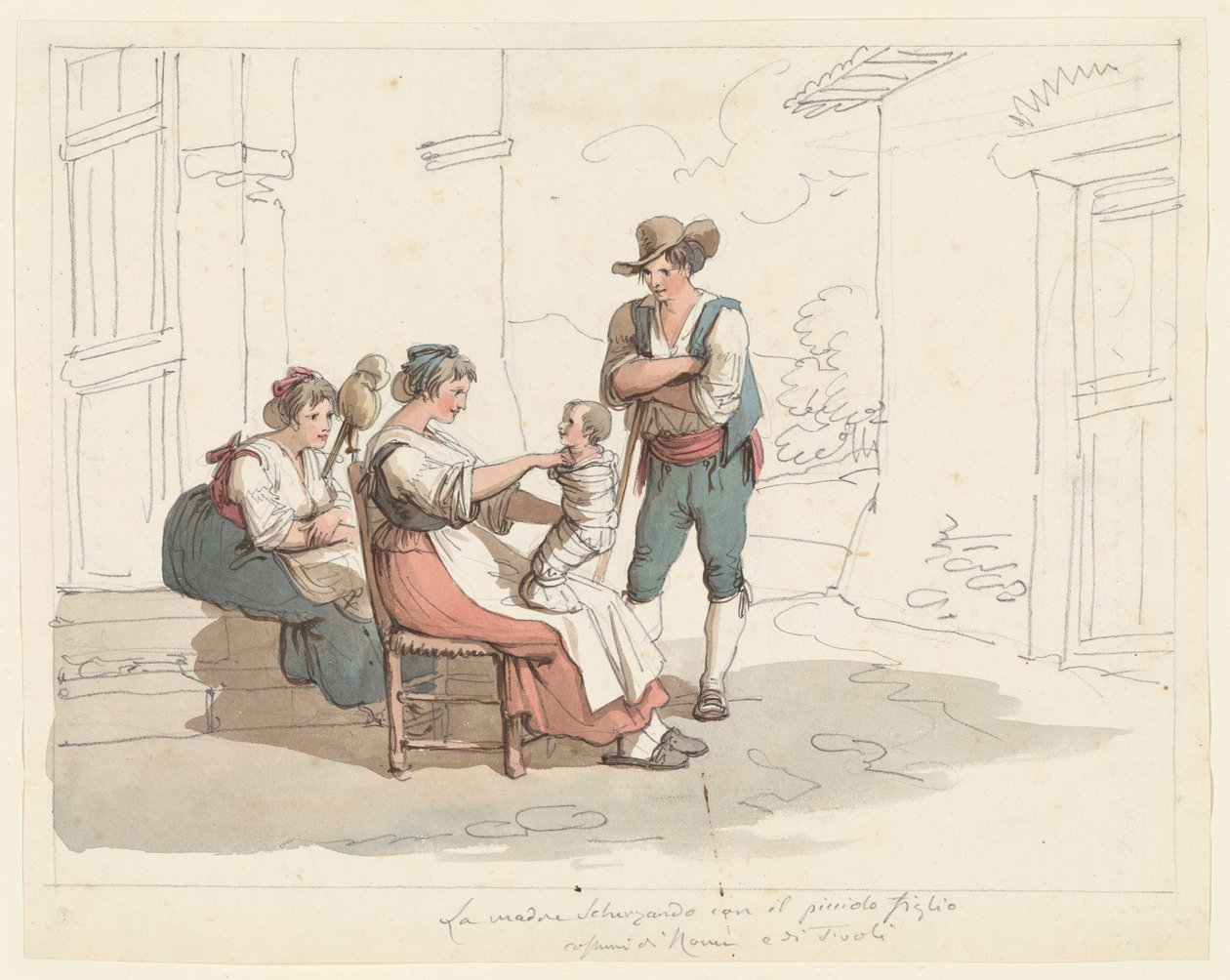 Familiescène met een moeder en kind, illustratie voor "Romeinse kostuums en gebruiken" door Bartolomeo Pinelli