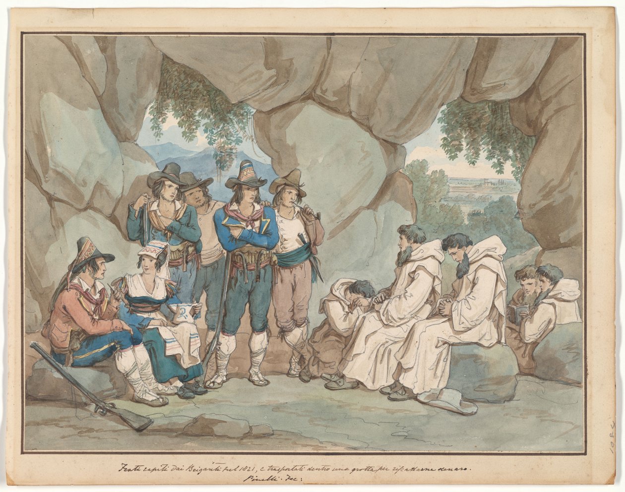 “Frati”, gevangen genomen door briganti en vastgehouden in een grot, illustratie voor Romeinse kostuums en gebruiken door Bartolomeo Pinelli