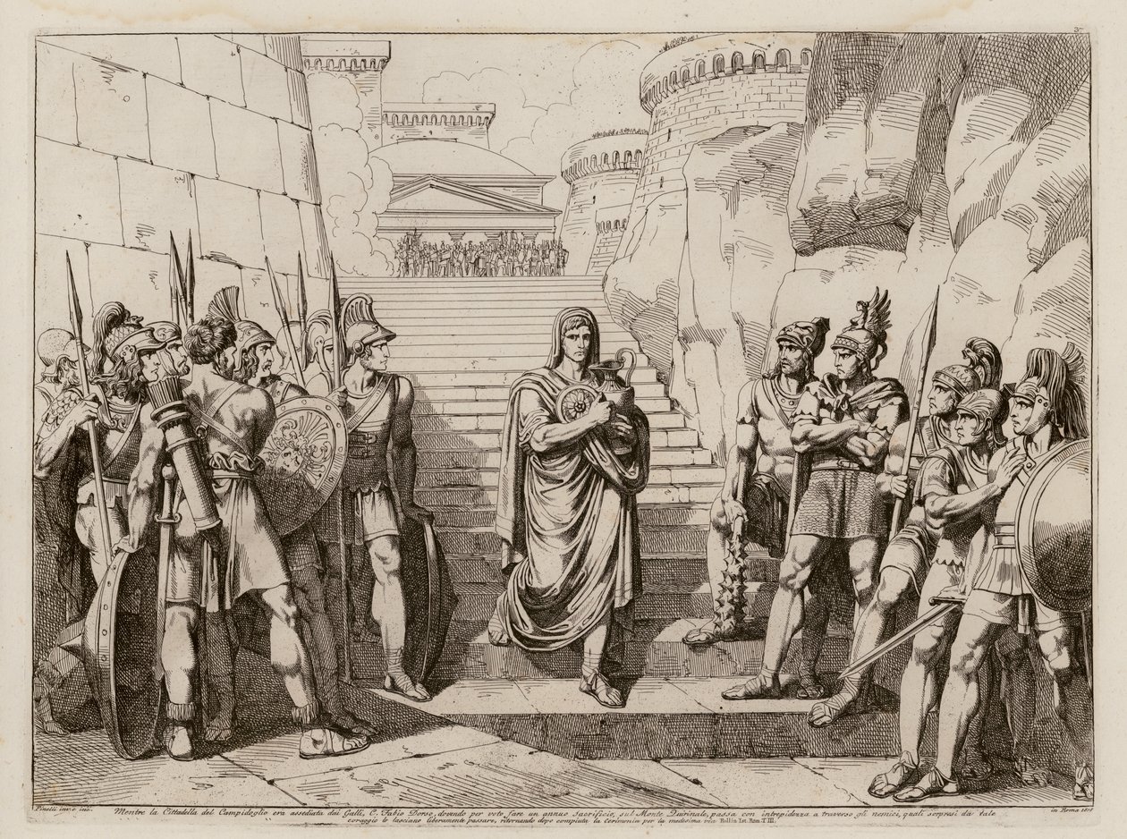 Gaius Fabius Dorsuo passeert ongehinderd de Galliërs op weg naar een offer, 390 v.Chr. (ets) door Bartolomeo Pinelli