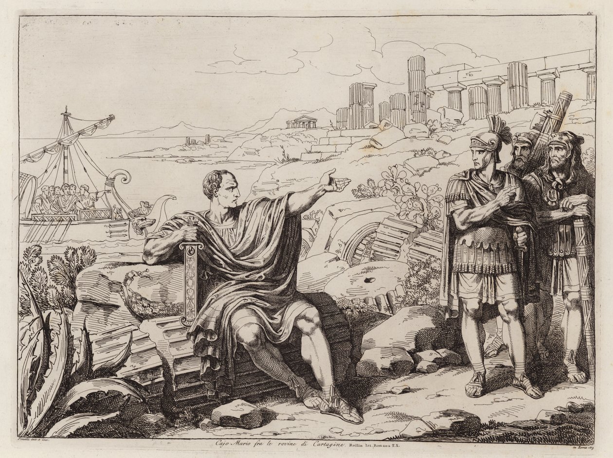 Gaius Marius zittend tussen de ruïnes van Carthago (ets) door Bartolomeo Pinelli
