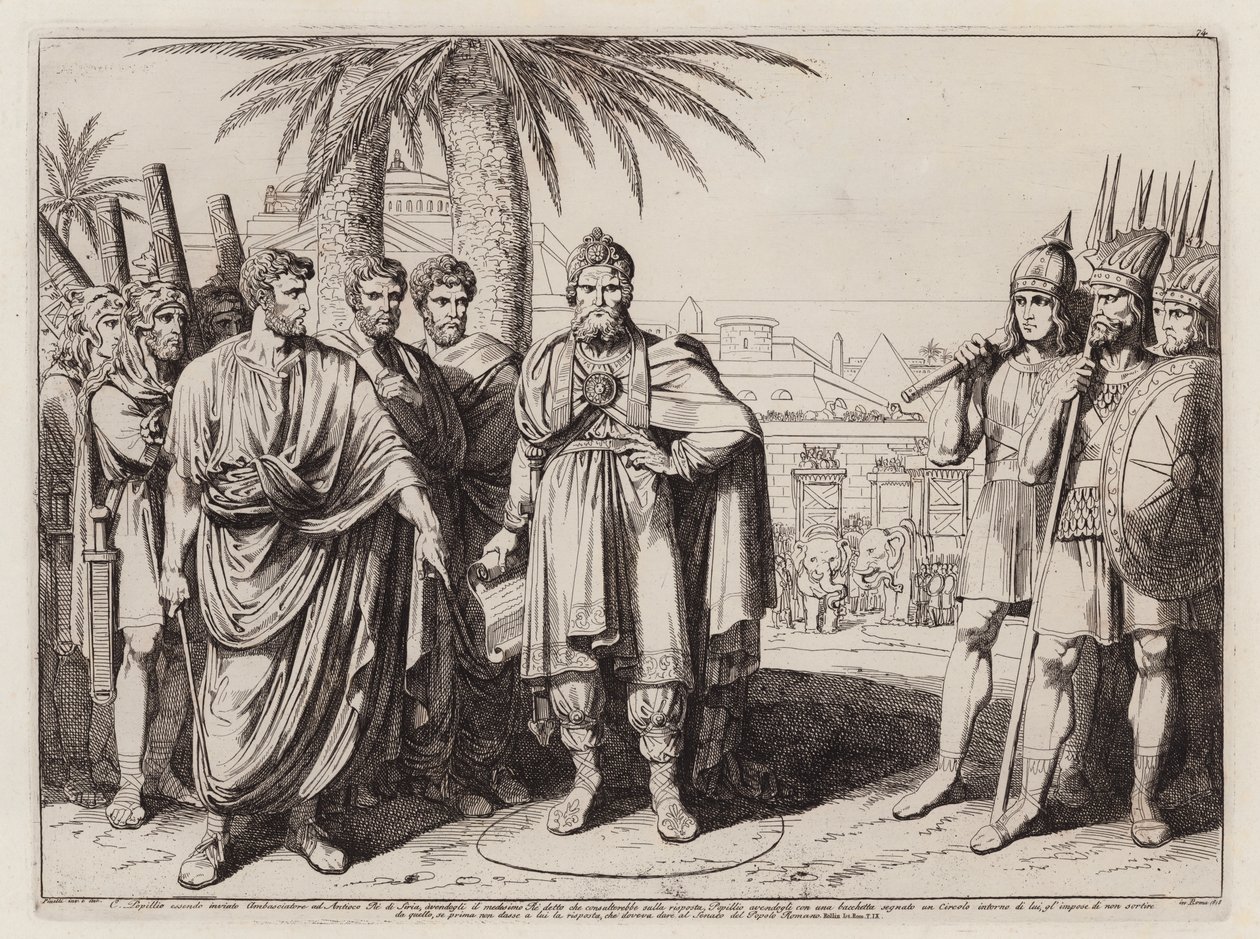 Gaius Popillius Laenas tekent een cirkel in het zand rond Antiochus IV Epifanes (ets) door Bartolomeo Pinelli
