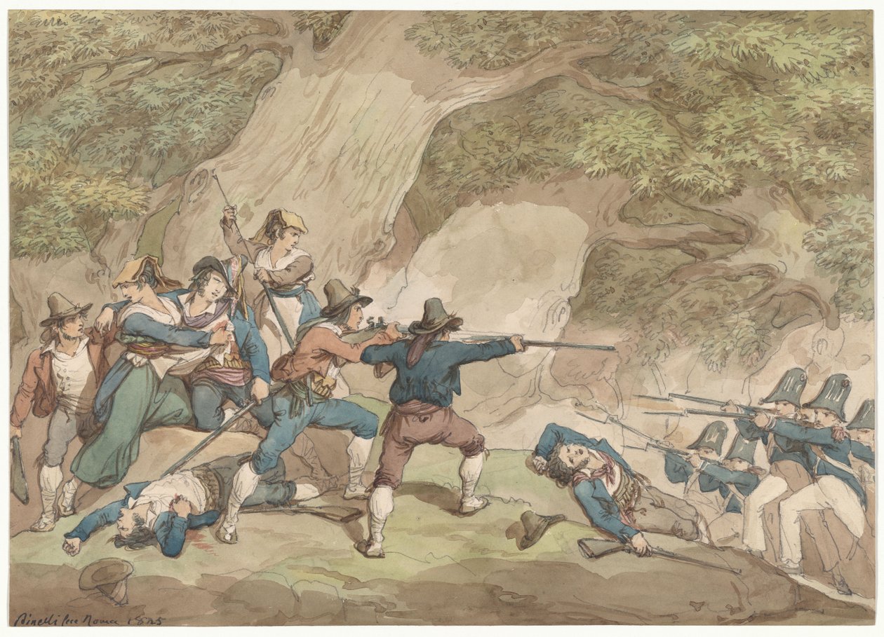 Gendarmes van het Koninkrijk Napels in gevecht met de Calabriërs, illustratie voor Romeinse kostuums en gebruiken door Bartolomeo Pinelli