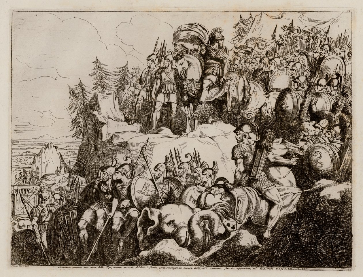 Hannibal steekt de Alpen over naar Italië, 218 voor Christus (ets) door Bartolomeo Pinelli