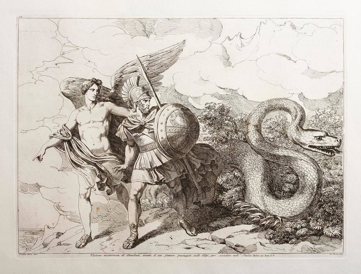 Hannibals mysterieuze visioen, voorafgaand aan zijn beroemde tocht over de Alpen, om Italië binnen te trekken door Bartolomeo Pinelli