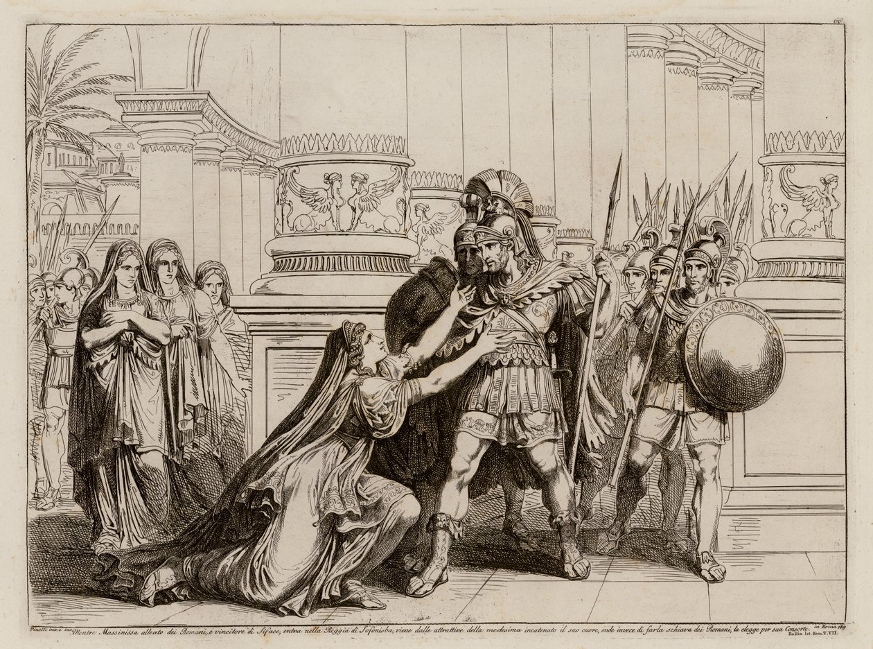Massinissa besluit Sophonisba wis vrouw te maken in plaats van een slavin van de Romeinen (ets) door Bartolomeo Pinelli