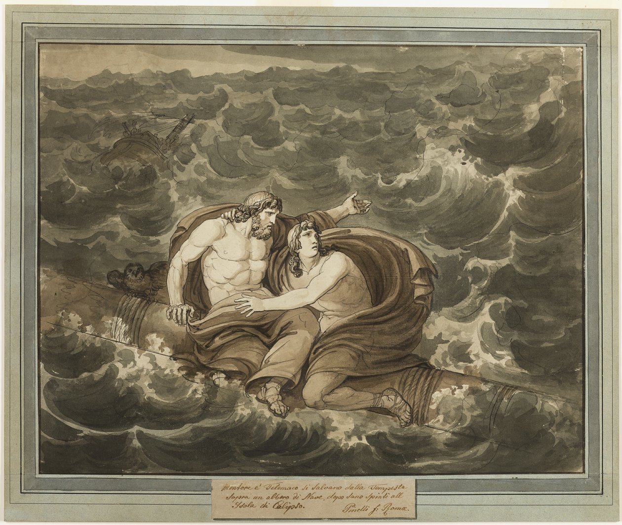 Mentor en Telemachus, na de storm, worden naar het eiland Calypso gebracht op een mast, uit De Avonturen van Telemachus, Boek 6 door Bartolomeo Pinelli