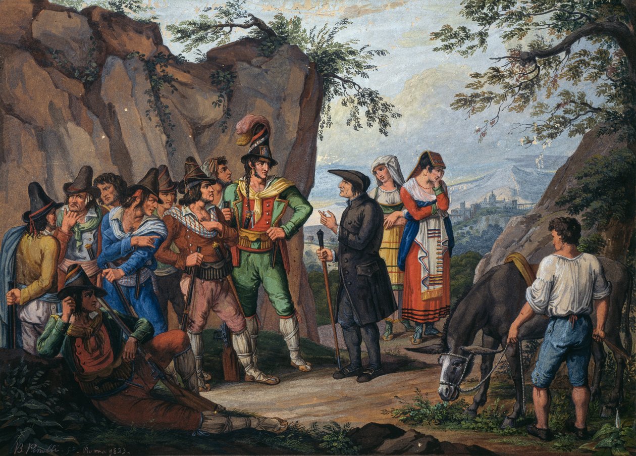 Onderhandelingen voor overgave tussen bandiet Gasparone en aartspriester Pellegrini door Bartolomeo Pinelli