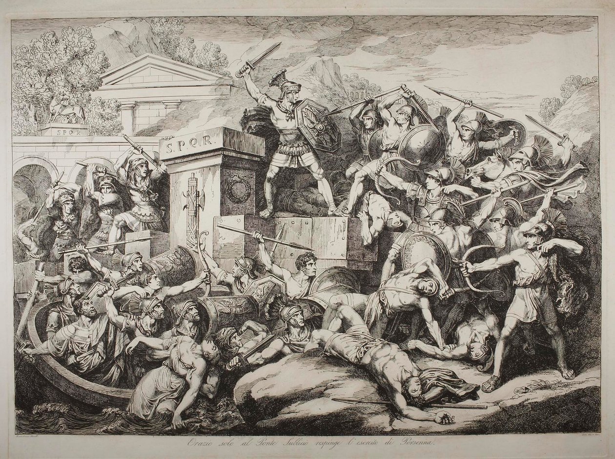 Orazio Coclite drijft, in zijn eentje op de Ponte Subico, het leger van Lars Porsenas terug door Bartolomeo Pinelli