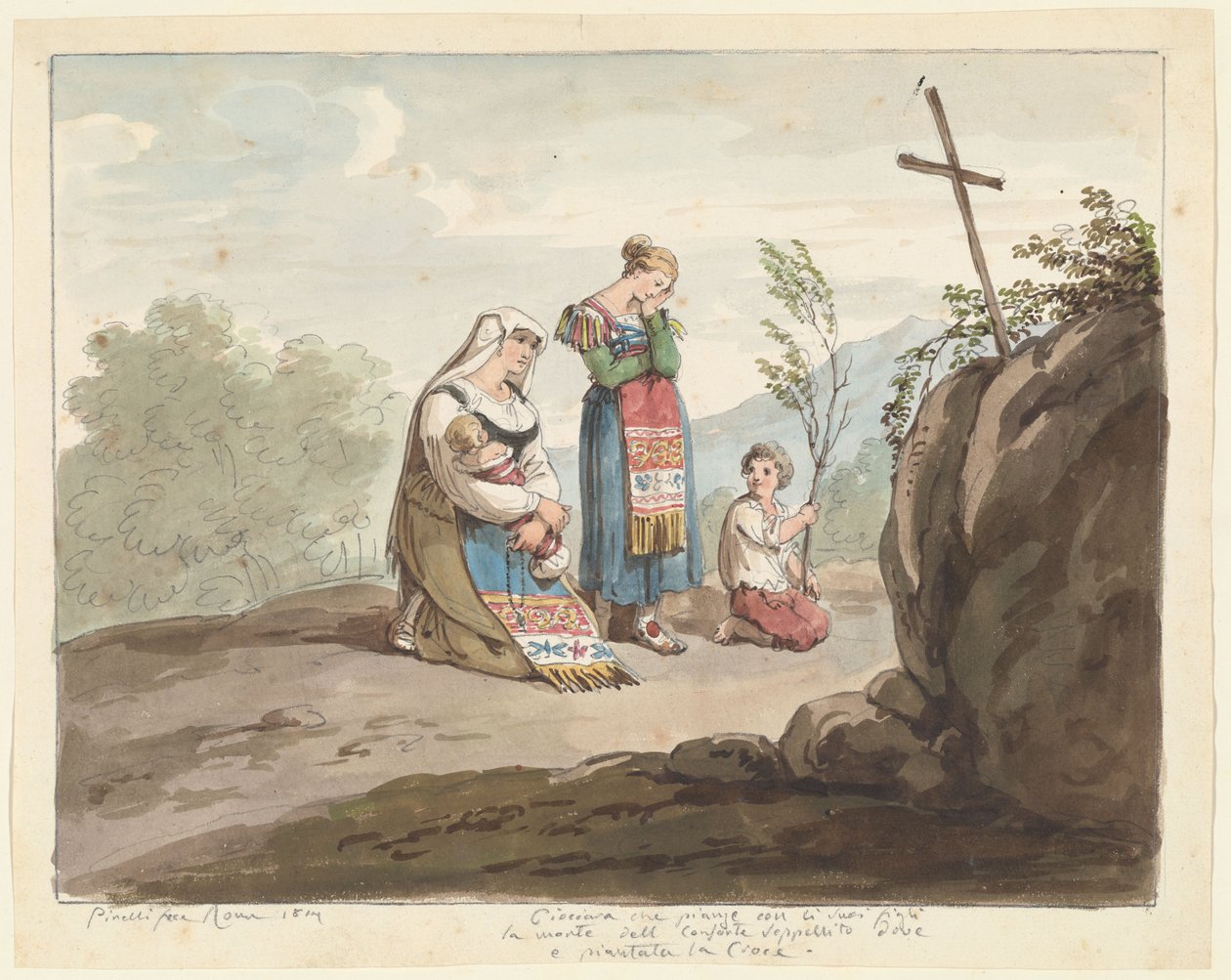 Boerin met haar kinderen, huilend bij een begraafplaats met een kruis, illustratie voor ’Romeinse klederdracht en gebruiken’ door Bartolomeo Pinelli