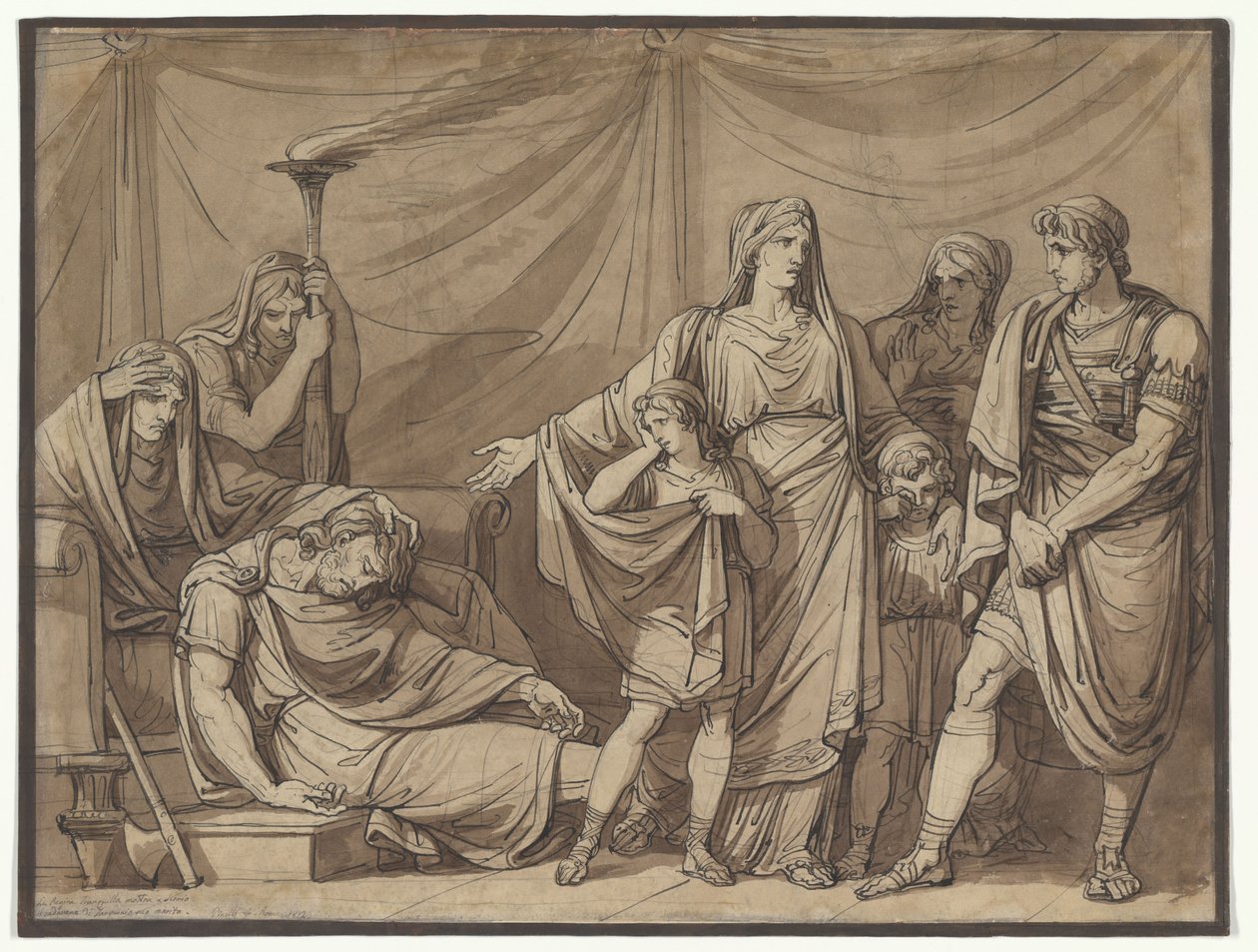 Koningin Tranquilla krijgt het lijk van haar echtgenoot Tarquin te zien, illustratie voor de *Istoria Romana* van Charles Rollin door Bartolomeo Pinelli