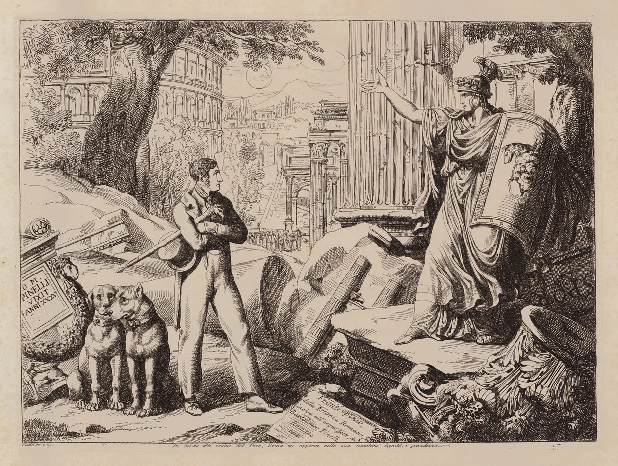 Standbeeld in het Forum, Rome (ets) door Bartolomeo Pinelli