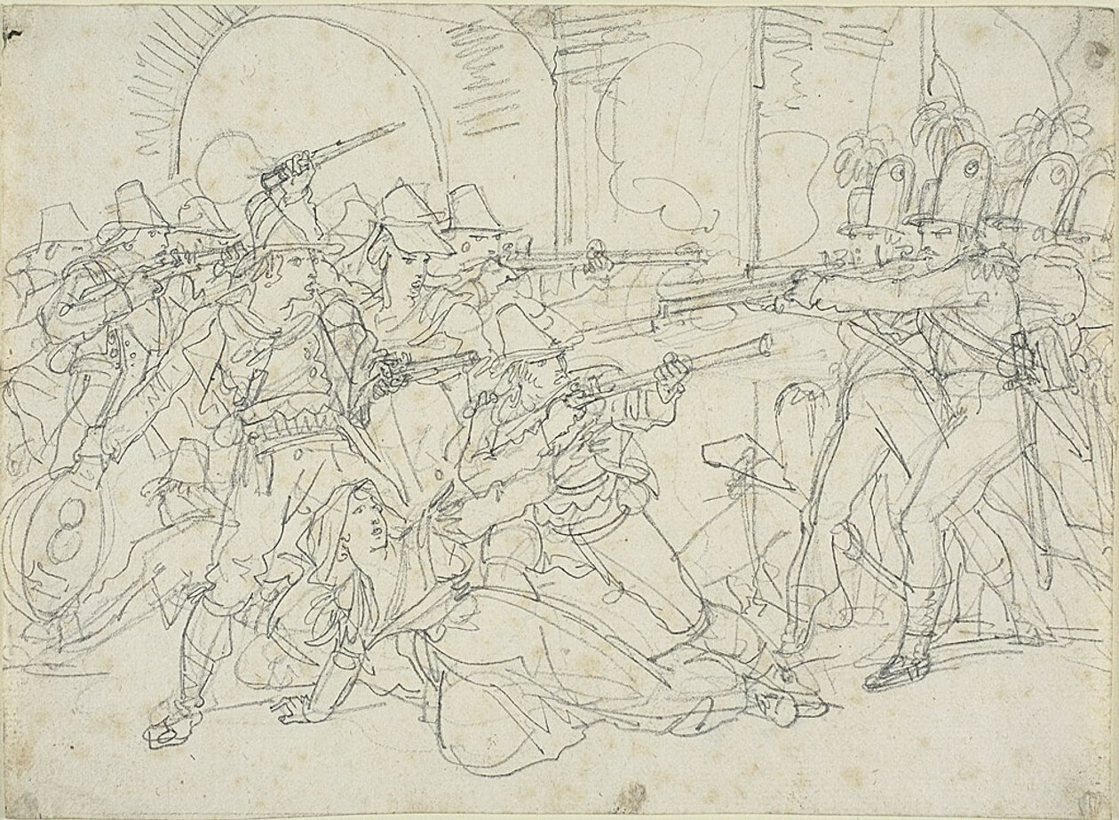 Studie voor gebeurtenissen uit het leven van Massaroni, een Italiaanse bandiet door Bartolomeo Pinelli