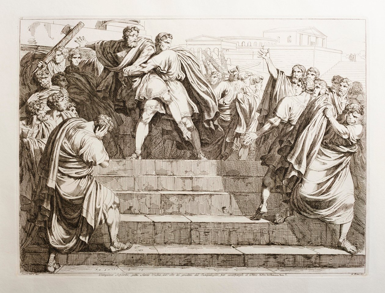 Tarquinius Superbus werpt Servius Tullius van de trappen van het Capitool door Bartolomeo Pinelli