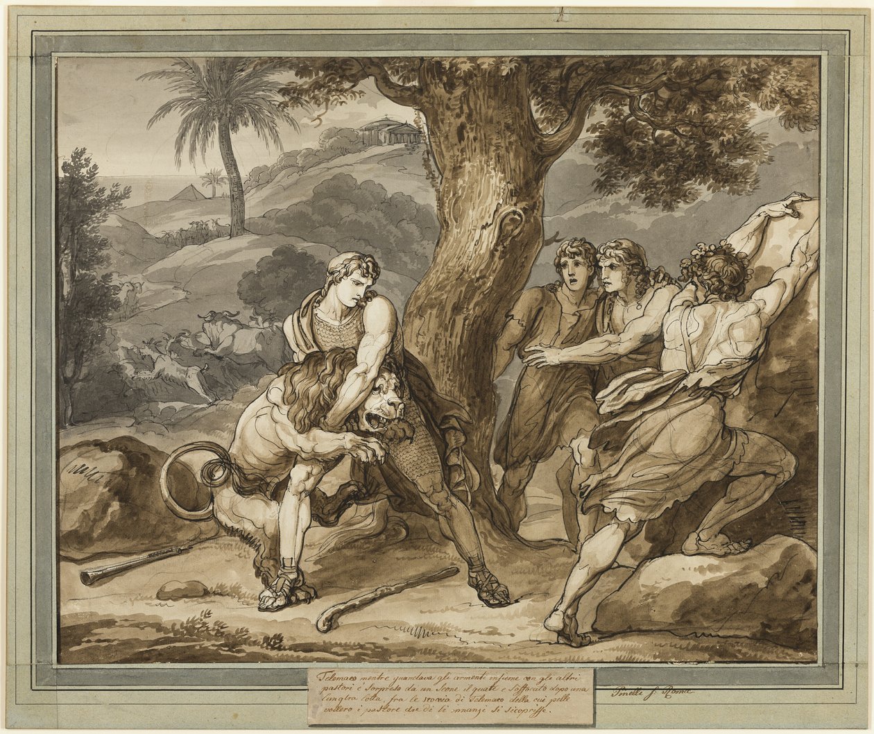 Telemachus vecht tegen de leeuw, uit De avonturen van Telemachus, Boek 2 door Bartolomeo Pinelli