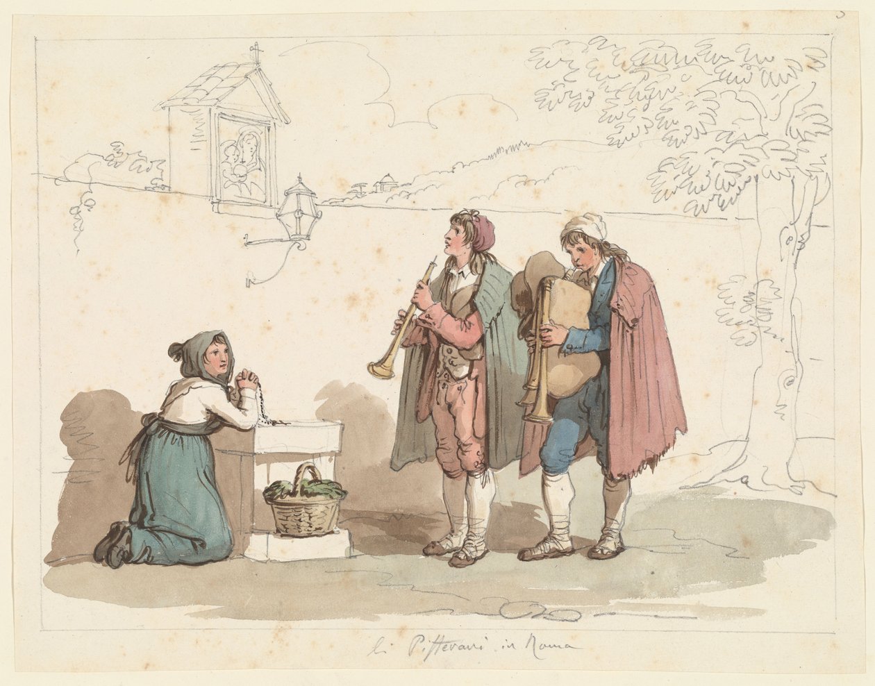 De doedelzakspeler en de fluitspeler in Rome, illustratie voor Romeinse kostuums en gebruiken door Bartolomeo Pinelli