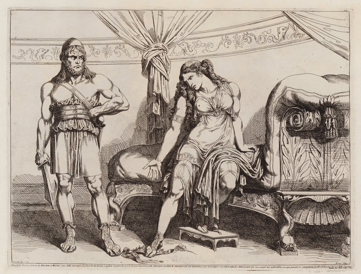 De eunuch Bacchides gestuurd door Mithridates VI van Pontus naar zijn vrouw Monime (ets) door Bartolomeo Pinelli
