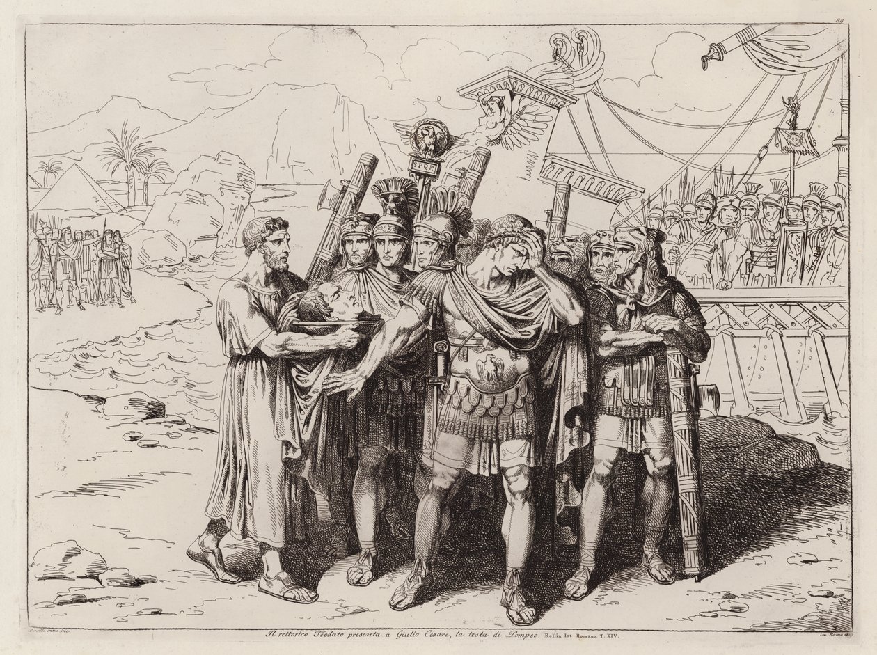 Theodotus toont het hoofd van Pompeius aan Julius Caesar, 48 voor Christus (ets) door Bartolomeo Pinelli