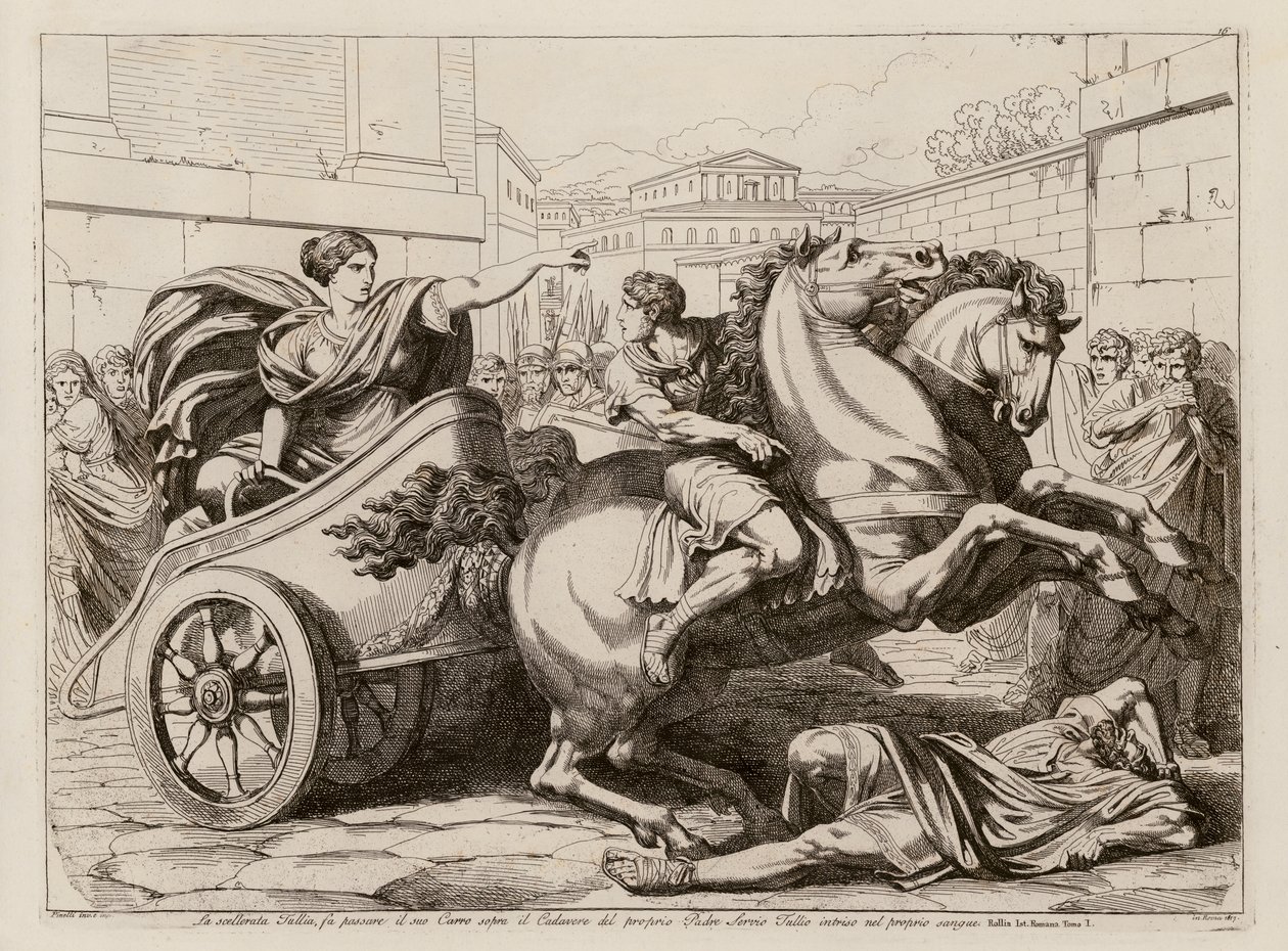 Tullia rijdt over het dode lichaam van haar vader (ets) door Bartolomeo Pinelli