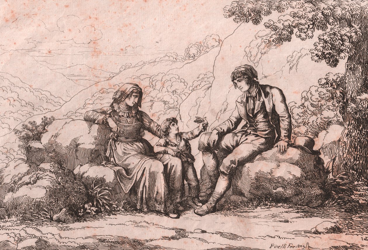 Twee burgers met een baby, Schiavi, Abruzzo, ets door Bartolomeo Pinelli (Rome) door Bartolomeo Pinelli