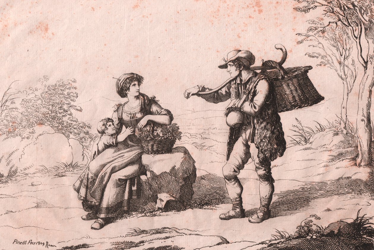 Vrouw uit Pietra Terrazzana in traditionele kostuums, Abruzzo, en gioncataro (verkoper van caciotte kaas), ets door Bartolomeo Pinelli door Bartolomeo Pinelli