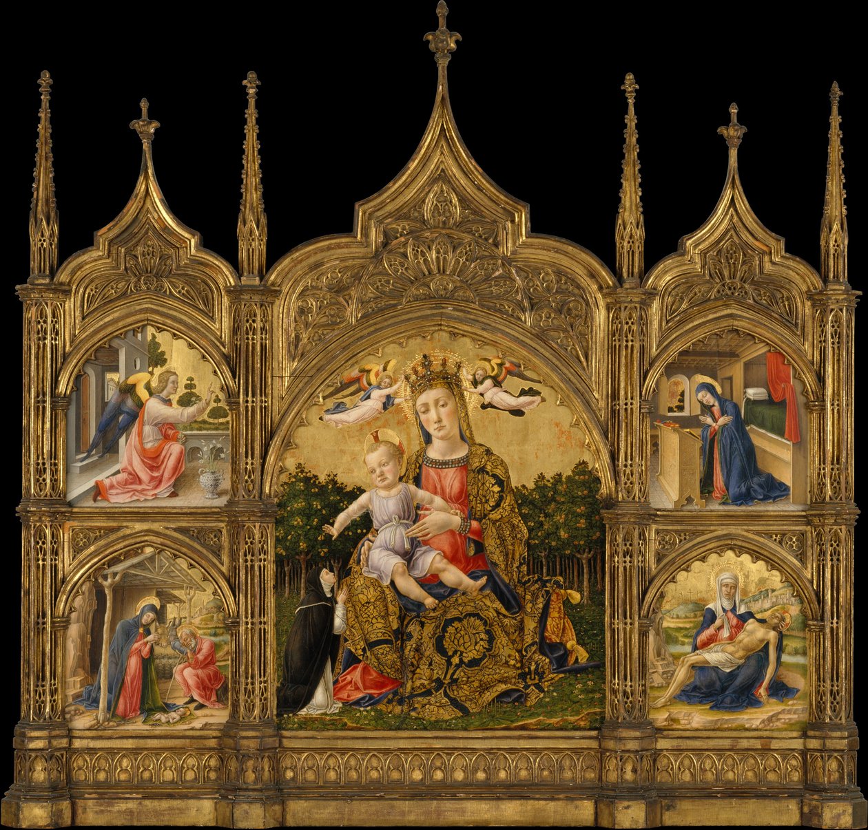 De Madonna van Nederigheid, de Annunciatie, de Geboorte en de Pietà door Bartolomeo Vivarini