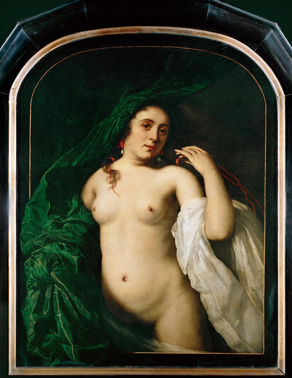 Naakte vrouw die een gordijn optilt (schilderij op doek) door Bartolomeus van der Helst