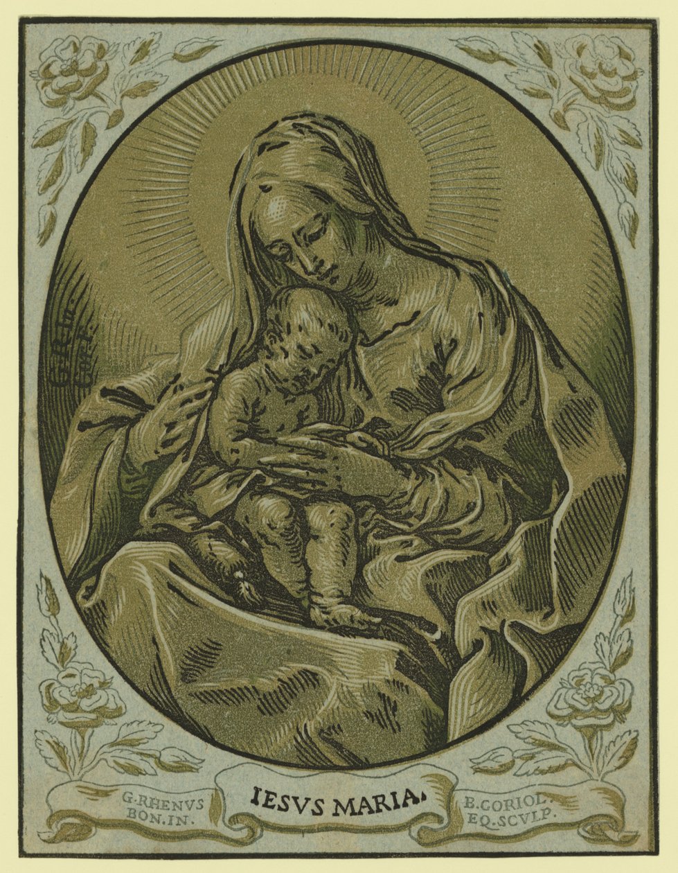 Madonna en kind, clair-obscur houtsnede, door Bartolommeo Coriolano door Bartolommeo Coriolano