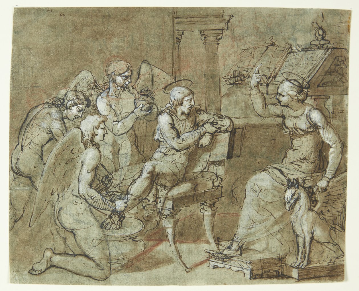 Een mannelijke heilige wordt gewassen en verzorgd door engelen, terwijl hij luistert naar een vrouwelijke heilige die voor een lessenaar zit en naar boven wijst. De Heilige Sebastian bij de Heilige Irene? door Bartolommeo Letterini