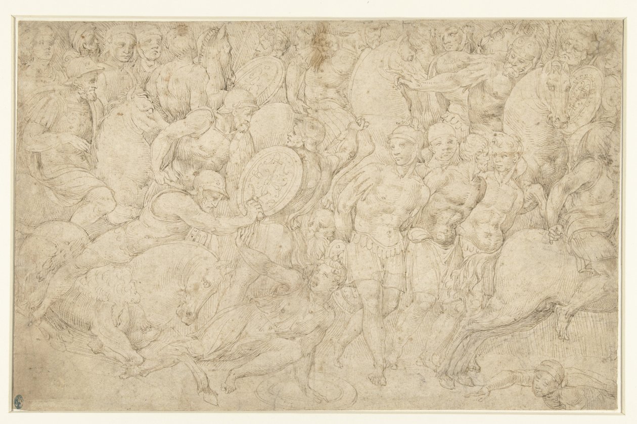 Gevecht tussen ruiterij en voetvolk en het wegleiden van gevangenen door Bartolommeo Neroni (attributed to)