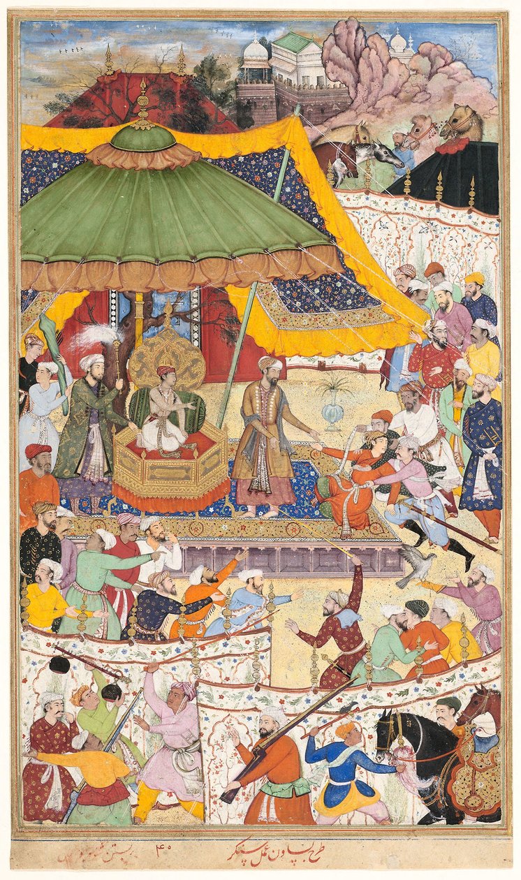 De jonge keizer Akbar arresteert de onbeschaamde sjah Abul-Maali, pagina uit een manuscript van de Akbarnama, ca. 1590-95 (dekkende aquarel en goud op papier) door Basawan Basawan