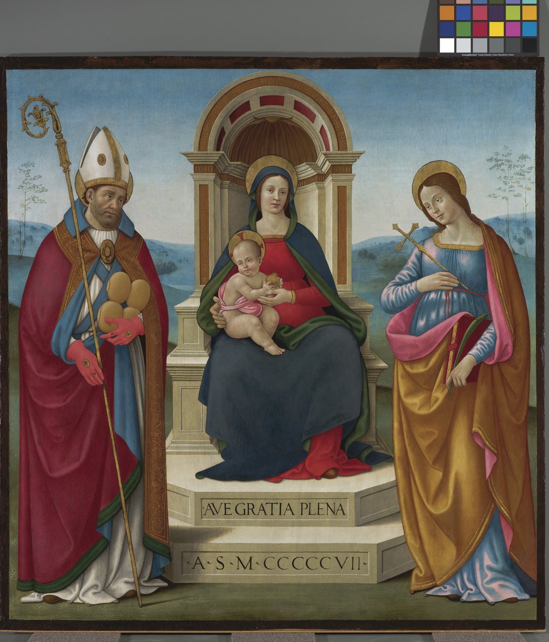 Madonna en Kind met St. Justus van Volterra en St. Margaretha van Antiochië door Bastiano Mainardi