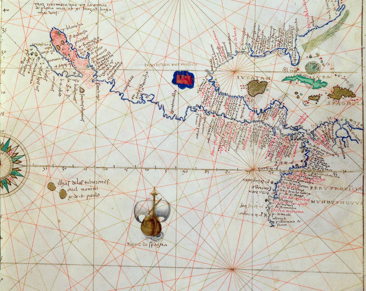 Centraal-Amerika, uit een atlas van de wereld in 33 kaarten, Venetië, 1 september 1553 (detail) door Battista Agnese