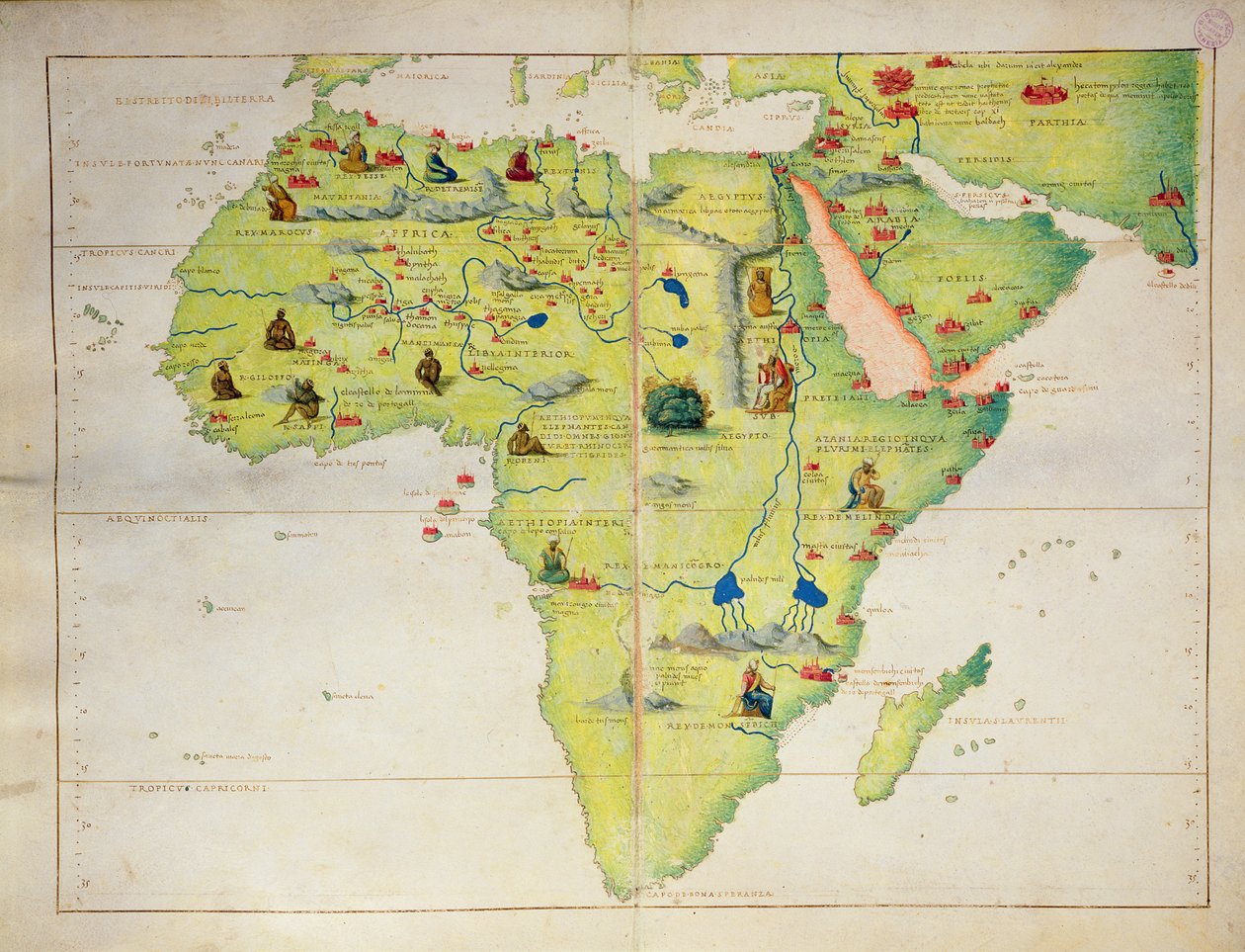 Het continent Afrika, uit een atlas van de wereld in 33 kaarten, Venetië, 1 september 1553 door Battista Agnese