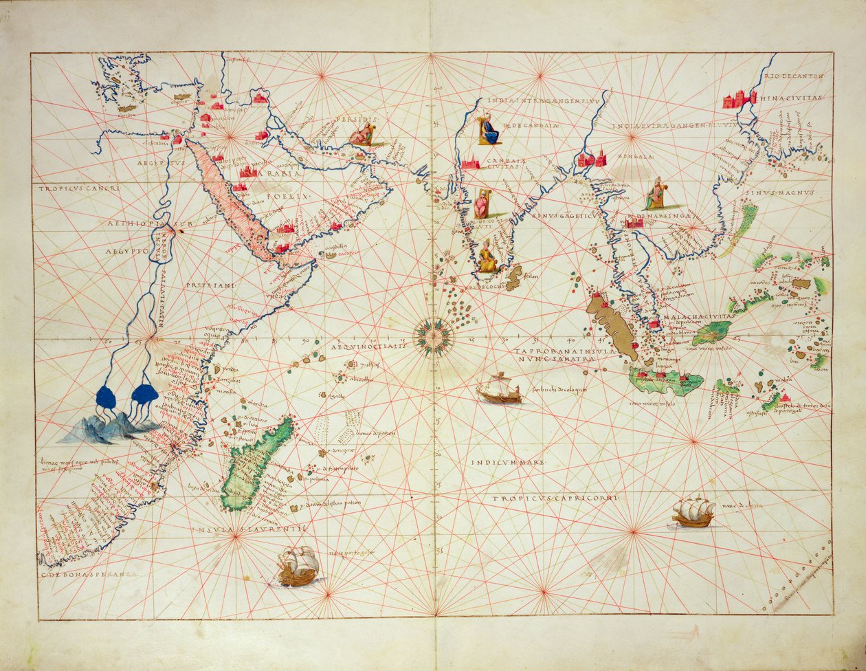 De Indische Oceaan, uit een atlas van de wereld in 33 kaarten, Venetië, 1 september 1553 door Battista Agnese