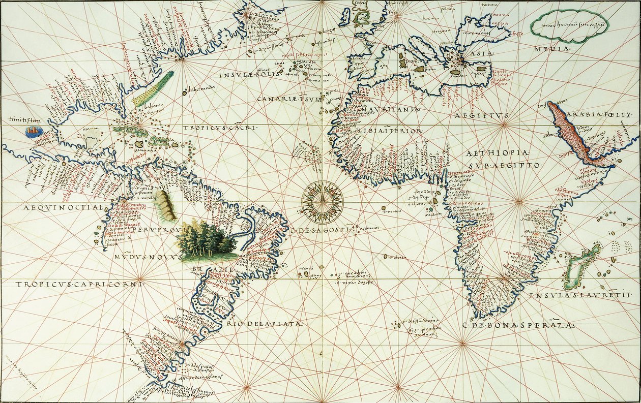 Een Dubbelbladige Kaart van de Atlantische Oceaan, met de Oostkust van Noord- en Zuid-Amerika, 1544 door Battista Agnese
