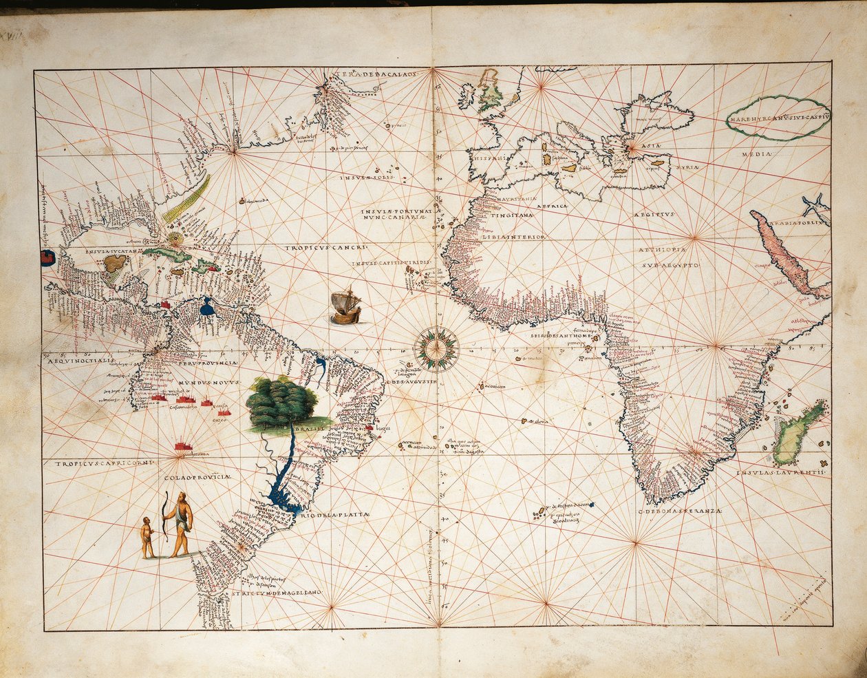 Afrika, Europa en deel van Amerika, uit Atlas van de Wereld in drieëndertig Kaarten, door Battista Agnese door Battista Agnese
