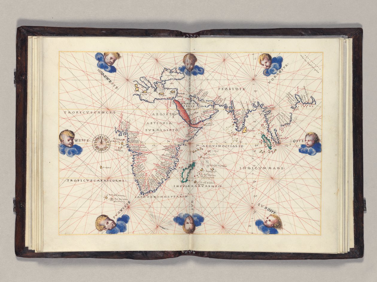 Fos. 11v-12r Kaart 3: Indische Oceaan, Portolaankaart van de wereld, Venetië, c.1542-46 door Battista Agnese