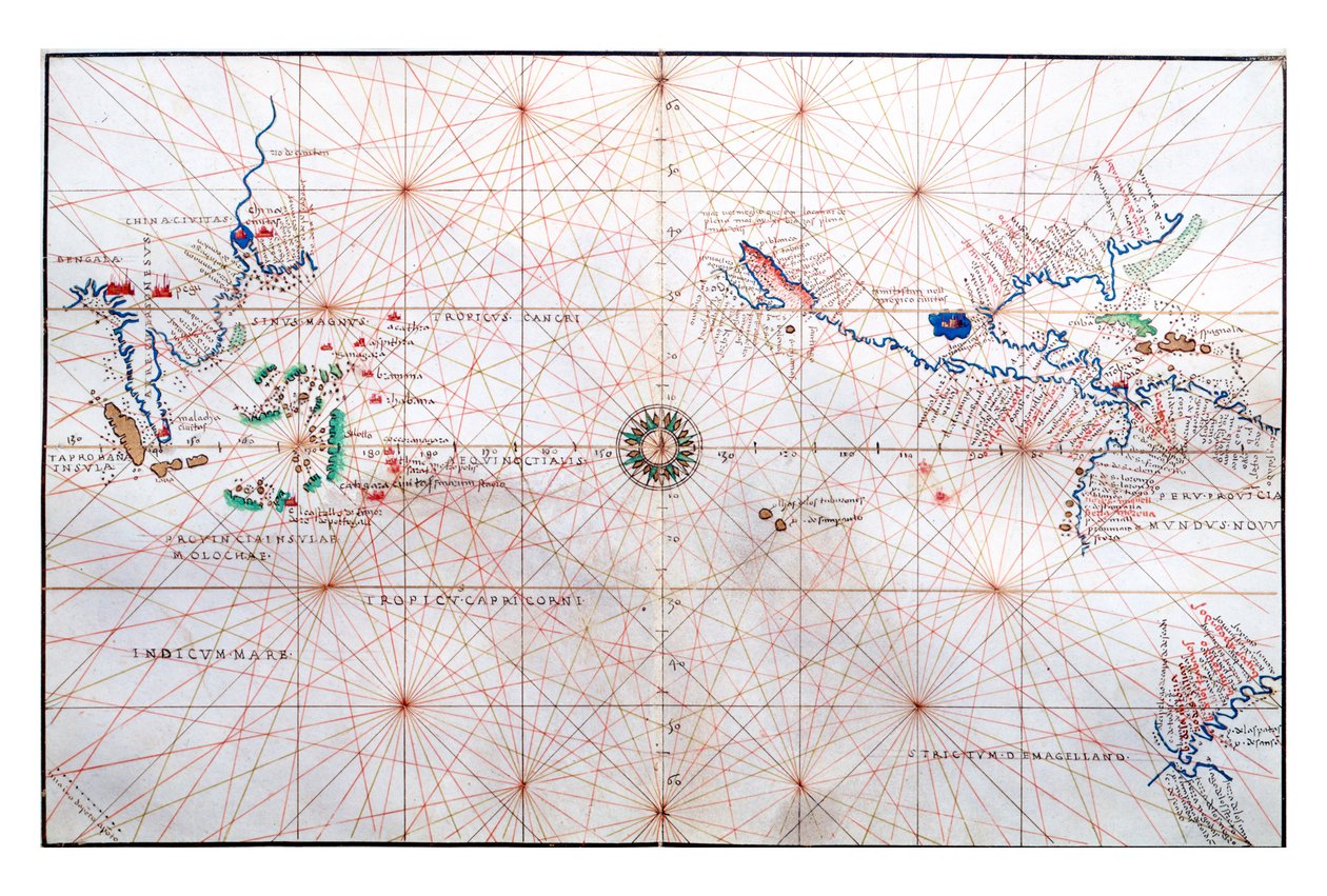 Navigatiekaart met China, Ceylon en de Filippijnen en de Kreeftskeerkring en Steenbokskeerkring, ca. 1540 door Battista Agnese