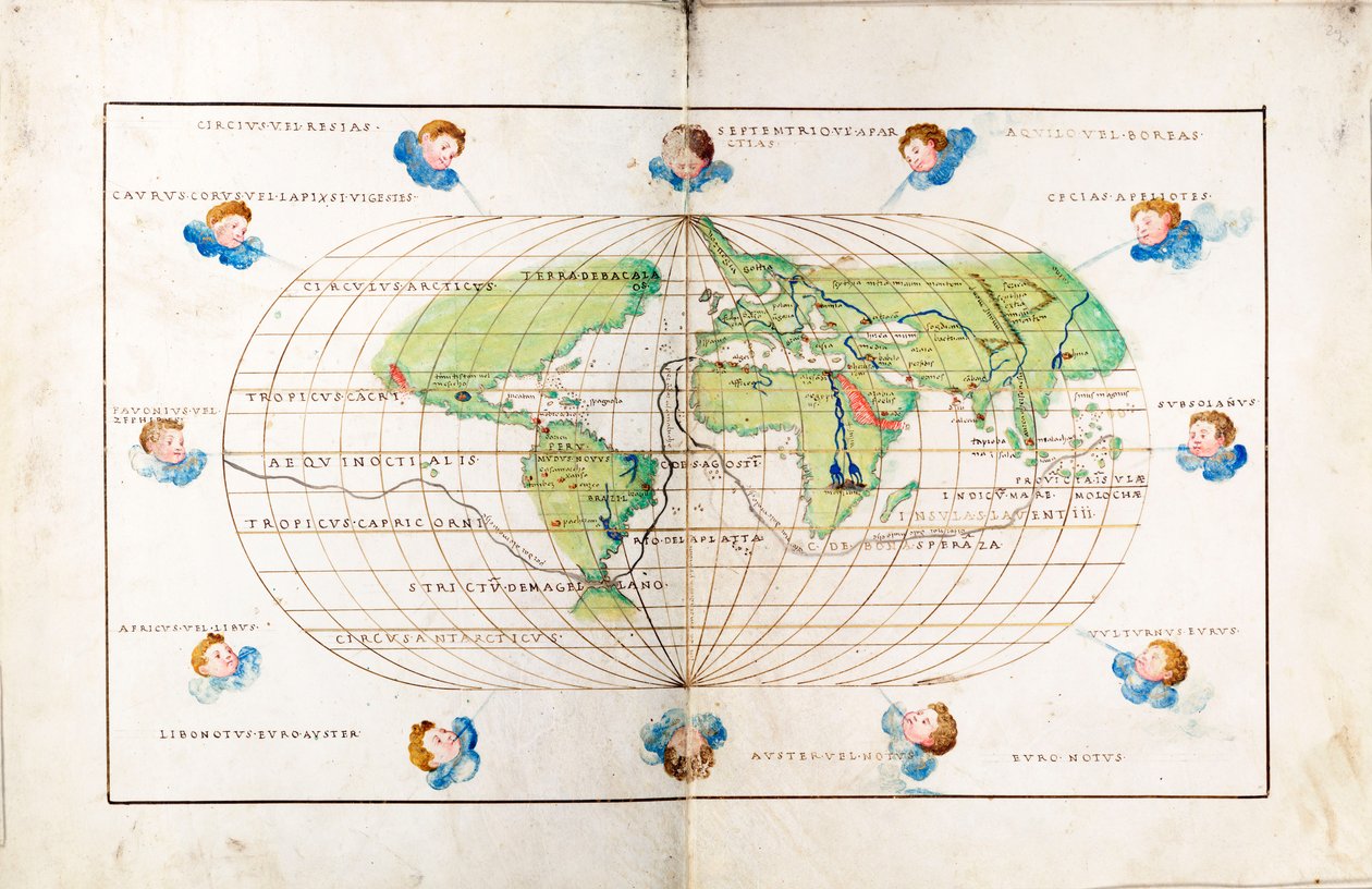 Ovale planisfeer van de wereld met de route van Magellan door Battista Agnese